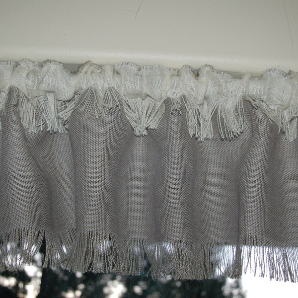 Burlap valance 12'' tall with contrasting burlap rod pocket and fringed edges. CUSTOM rustic window treatment. Natural, White, Gray burlap