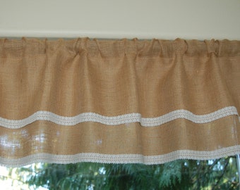 Layered burlap valance with white cotton lace trim in natural, light gray or ivory-white burlap. CUSTOM cottage chic window treatment.
