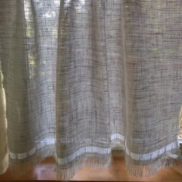 Burlap window curtain with cotton lace custom made for your curtain rod size. Cafe curtains, set of one or two panels. Natural or light gray