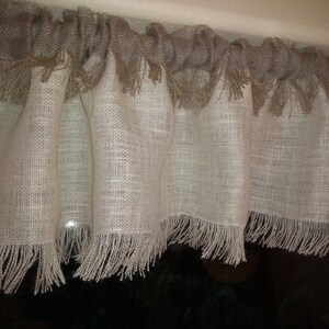 Burlap valance 12'' tall with contrasting burlap rod pocket and fringed edges. CUSTOM rustic window treatment. Natural, White, Gray burlap