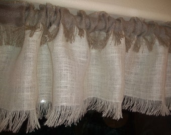 Burlap valance 12'' tall with contrasting burlap rod pocket and fringed edges. CUSTOM rustic window treatment. Natural, White, Gray burlap