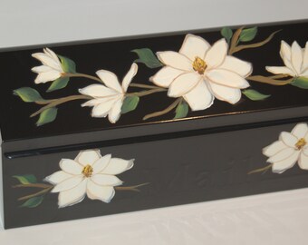 Hand Painted Wall Mount Mailbox, Magnolia flowers and leaves design in your custom colors. One stroke style painting, made to order.