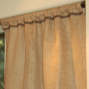 32&#39;&#39; wide Burlap curtain / window panel with crochet jute trim in brown, red, green, white, black etc. Full length, cafe curtain or custom.