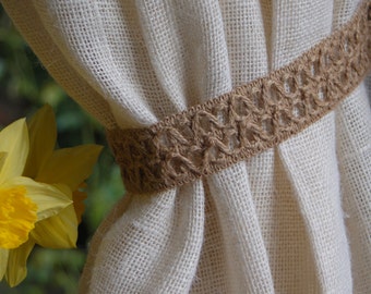 Cottage chic, jute curtain tieback / pull back, with metal rings. Made to order. Custom ring color. Small, medium, large  PRICED PER TIEBACK