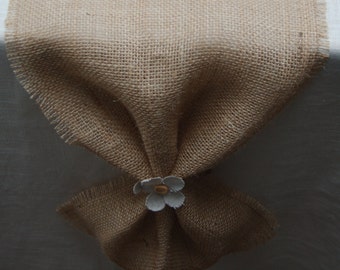 Burlap table runner with light burlap flower accent / bow and fringed edges. Simple, Rusic, Cottage Chic. Made to order.