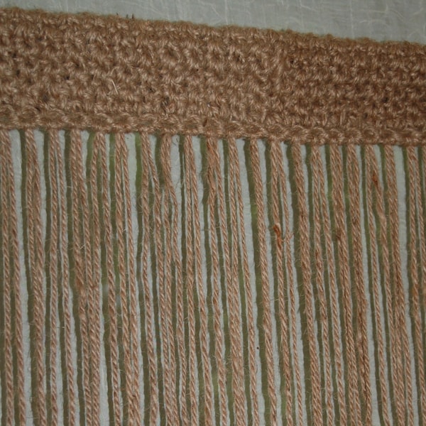 Rustic chic, natural 100% jute crochet window valance 18'' long, available in widths 20'', 22'', 24'', 26'', 28'', 30'', 32'', 34'', 36''