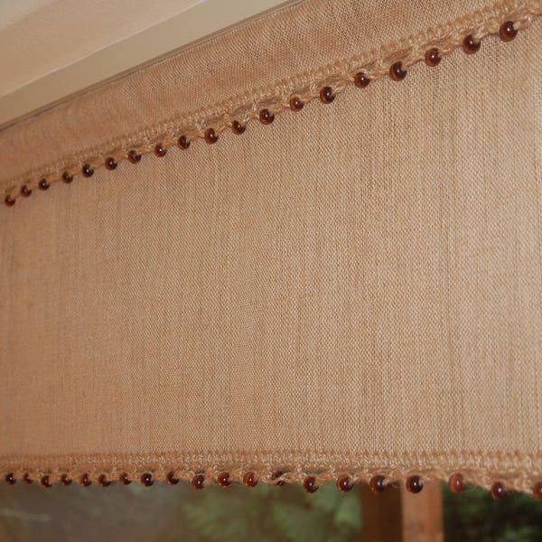 Straight look Natural burlap valance with crochet jute trim and wooden beads. Custom sizes. Cottage chic window treatment. Made to order