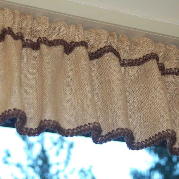 Natural burlap valance custom height, with crochet jute trim in brown, green, white, black etc. Cottage chic window treatment, made to order