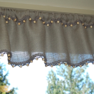 Light gray burlap valance with crochet jute trim and wooden beads. Rustic, cottage chic window treatment. Made to order.