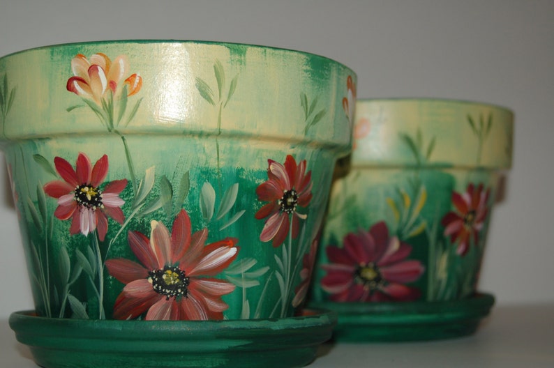 one of a kind gift Made to order Great Set of two Hand Painted clay flower pots Beautiful Daisy design