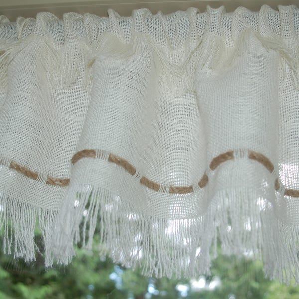 Nautical style burlap window valance Ivory-White with fringed edges & natural jute rope insert. CUSTOM made gathered / pleated for your rod.