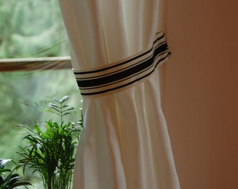 Farmhouse stripe curtain tie back with magnets. Ivory and black stripes, rustic cottage chic. Made to order, PRICED per tieback.