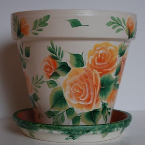 Hand Painted clay flower pot One Stroke peach / orange roses, pink or purple roses . One of a kind gift, made to order.