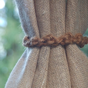 Simple, Rustic, cottage chic 100% jute crochet tieback. Hand made to order in custom colors and sizes: red, green, black, brown, white,  etc