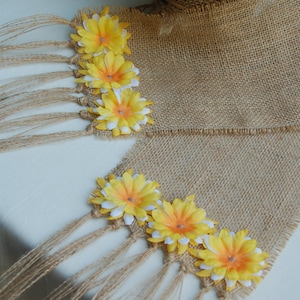 Natural or white burlap table runner with fabric accent flowers and fringed edges. Rusic, Cottage Chic. Made to order. Wedding or Event.