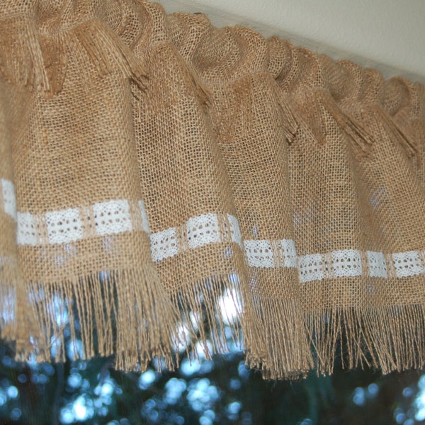 Cotton lace on Natural or Gray burlap window valance custom made for your curtain rod. Rustic, cottage chic window treatment, made to order