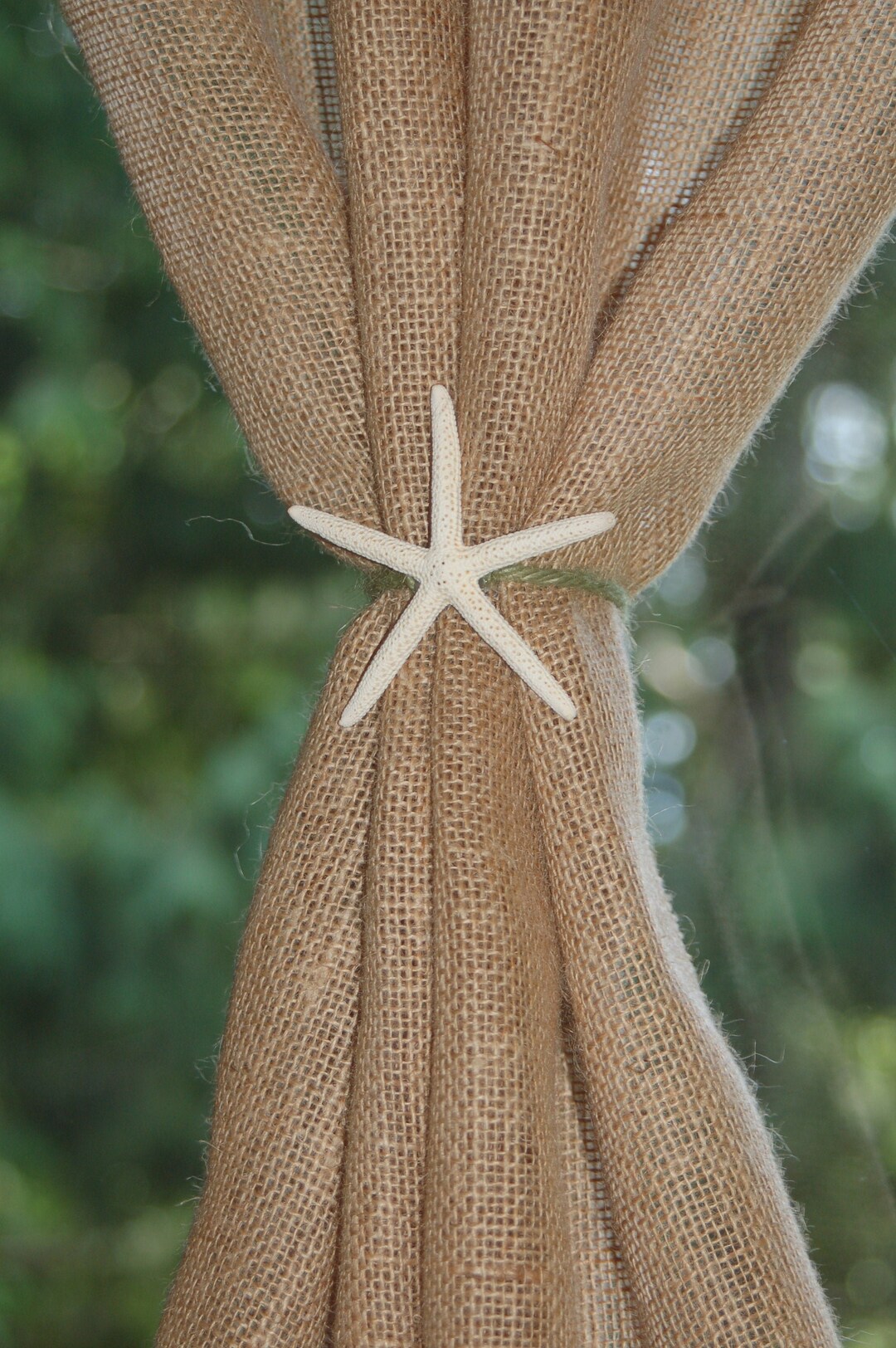 Nautical, Beach Decor Curtain Tieback. 3 to 4 Starfish and Jute Rope