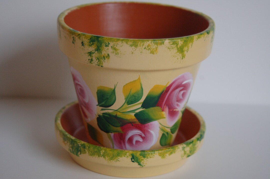 Pot Art Roses Romantic Pink Roses and Leaves Hand Painted Clay Flower Pot 4 Inches ...