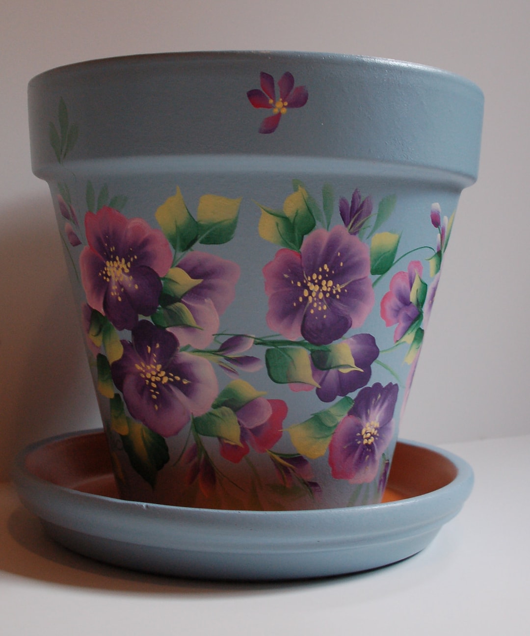 Hand Painted Clay Flower Pot Purple / Pink Blossoms, Flowers, Leaves