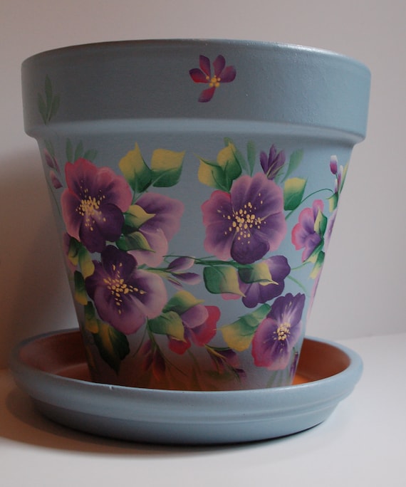Hand Painted Clay Flower Pot Purple / Pink Blossoms, Flowers, Leaves Design  One Stroke Style - Etsy
