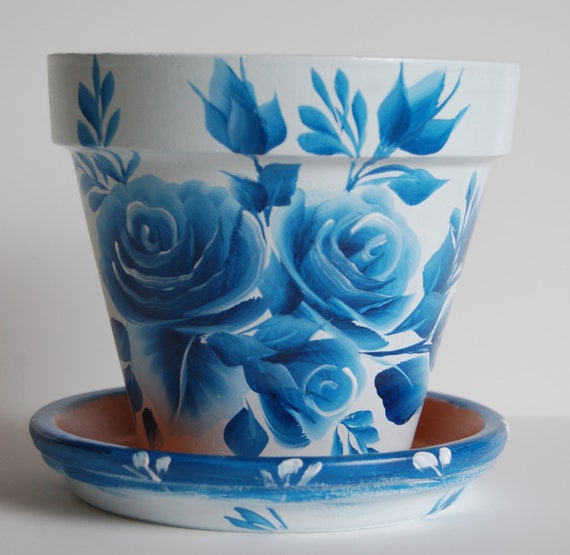 6 Inch Hand Painted Clay Flower Pot With a Matching Saucer Roses Design in  One Stroke Style - Etsy