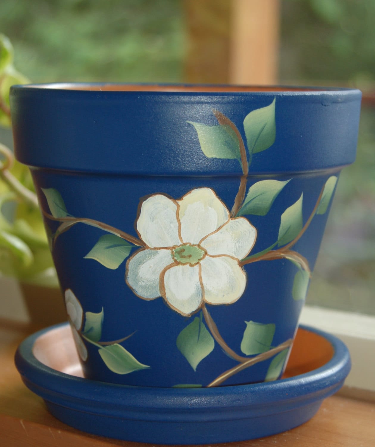Hand Painted Clay Flower Pot Gentle White Dogwood Flowers