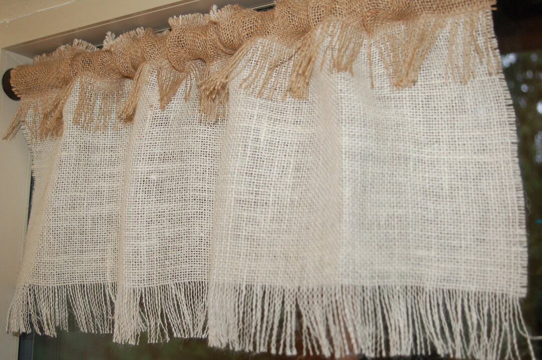 Burlap Valance 12'' Tall With Contrasting Burlap Rod Pocket and Fringed ...