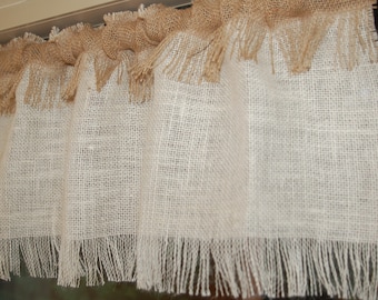 Burlap valance 12'' tall with contrasting burlap rod pocket and fringed edges. CUSTOM MADE rustic window treatment. Natural, White or Gray