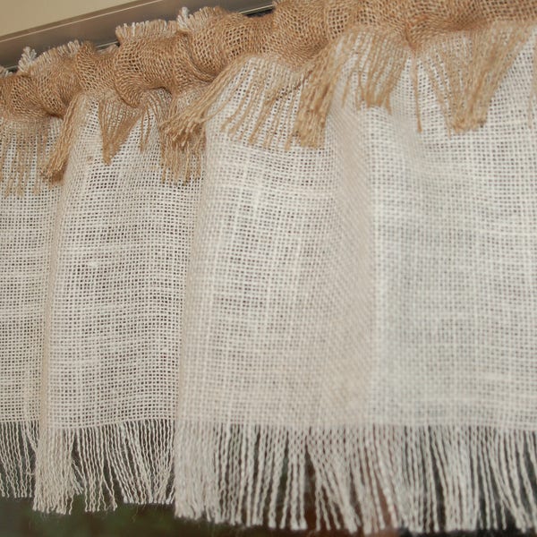 Burlap valance 12'' tall with contrasting burlap rod pocket and fringed edges. CUSTOM MADE rustic window treatment. Natural, White or Gray