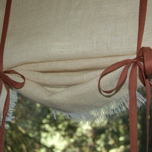 Burlap swag valance tie up curtain with ties and fringe. Swedish blind, adjustable rollup in Ivory White, Natural, Beige. Custom made