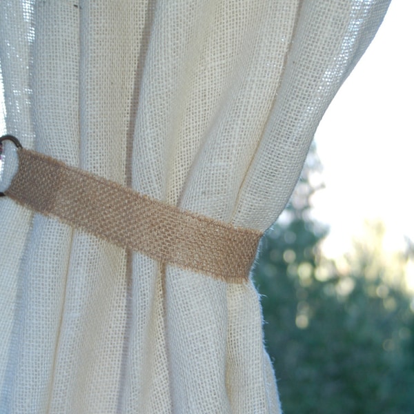 Rustic burlap curtain tie back with metal rings 20''long in ivory-white or natural. For lightweight, small panels. PRICED per tieback.