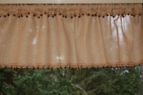 Natural burlap valance with crochet jute trim and wooden beads. Rustic, cottage chic window treatment. Custom made to order.