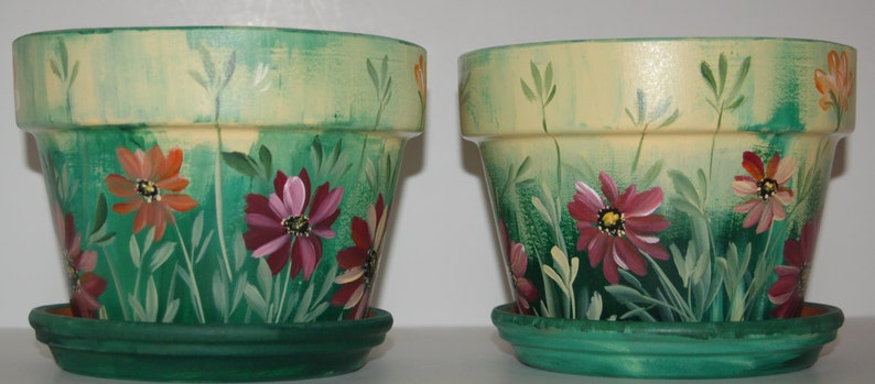 one of a kind gift Made to order Great Set of two Hand Painted clay flower pots Beautiful Daisy design