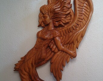 Carved wood Angel - Wood wall art - Wood carving - Hand carved sculpture - Wall decor - Fantasy art - Unique gift - Original art, Angel art