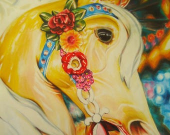 Original Carousel Horse Drawing, Colorful Circus Fantasy Artwork, Colored Pencil Art