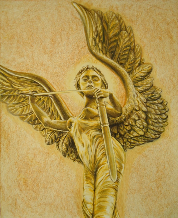 Angel Drawing, Wall Art, Original Angel Art, Gold Angel, Golden Decor,  Original Drawing, Colored Pencil Drawing, Gifts for Her, Illustration 