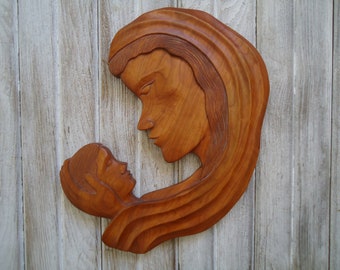 Mother and Child sculpture, Cherry wood sculpture, Nursery art, Mary and child, Wood sculpture, Madonna religious art, Hand Wood carving