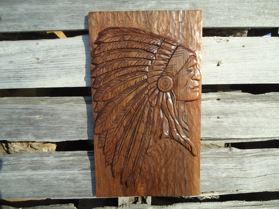 Native American Wood Sculpture, Wood Carved Wall Decor, American