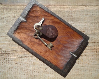 Redwood key tray, Salvaged Barn board tray, Wood key tray, Small ring tray, Wood catchall, Office wood tray, Carved wood tray, Key tray, Art