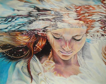 Underwater art, Colorful Wall art, Fantasy art, Original artwork, Wall decor, Girl portrait, Water art, Original art, Ocean decor, Colored