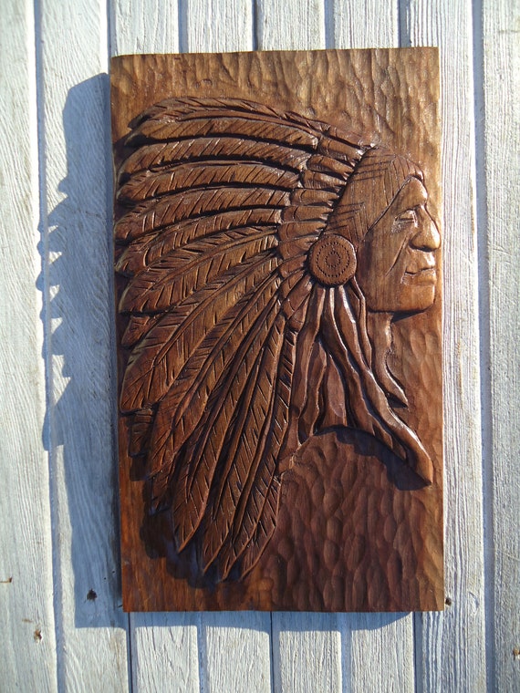 Native American Wood Sculpture, Wood Carved Wall Decor, American