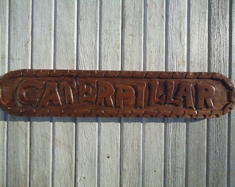 Hand Carved Black Walnut Caterpillar Sign, Tractor Garage Decor