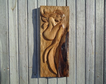 Carved wood Mermaid, Mermaid wood sculpture, Wooden Mermaid, Carved Mermaid, Ocean Wall decor, Wood Wall art, Carved Wall art, Hand carved