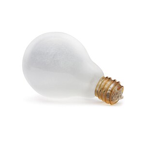 May include: A white frosted light bulb with a gold metal screw base.