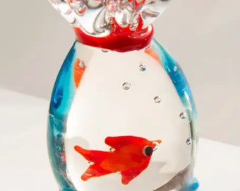Goldfish in Bag Glass Mini Sculpture - Popular at carnivals - Includes Goldfish Card and Envelope