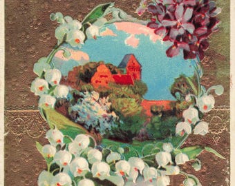 Birthday Greetings Postcard Landscape with Flower Frame German Embossed Postmark 1912