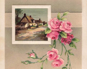 Birthday Greetings Postcard Home Scene with Pink Roses  About 1913