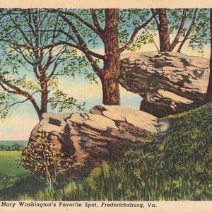 Carte postale de Fredericksburg, Virginie, méditation rock, lieu préféré de Mary Washington vers 1946