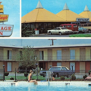 Carte postale d'Altamont, Illinois, Stuckey's Carriage Inn, plusieurs vues, voitures de collection, voitures de collection vers 1980