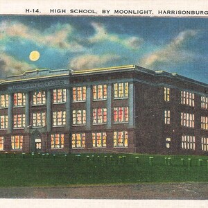 Carte postale de Harrisonburg, Virginie, lycée par Moonlight Linen, vers les années 1940